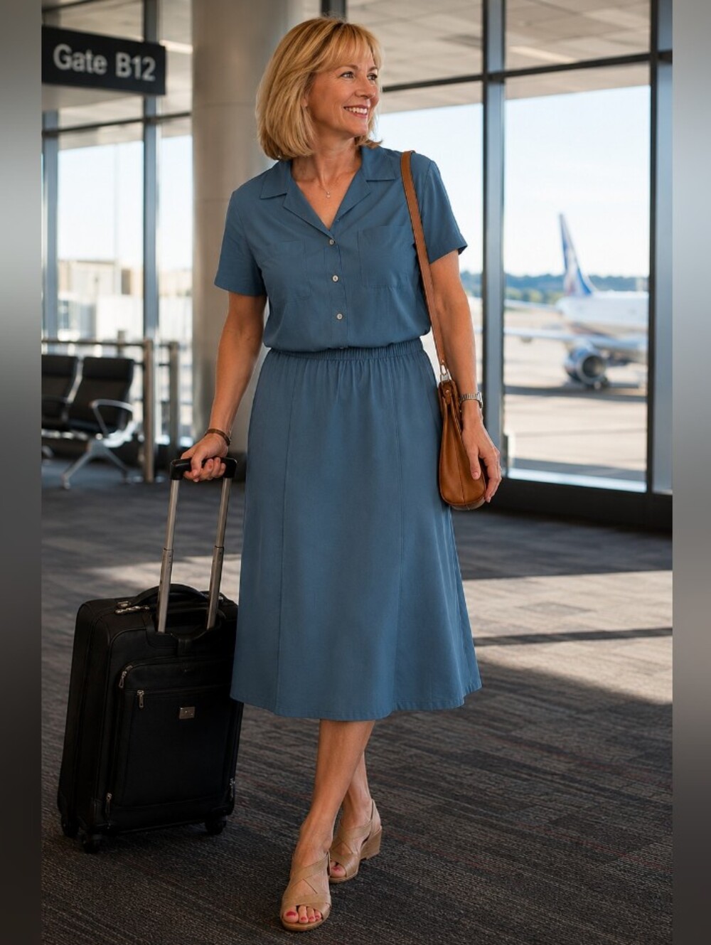 TravelSmith Women’s 2 Piece Travel Set L Steel Blue CoolMax Blouse Midi Skirt